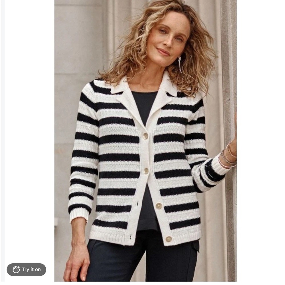 NEW J Jill Womens Cotton Blend Cardigan 3X Barley Striped Fisherman Transitional